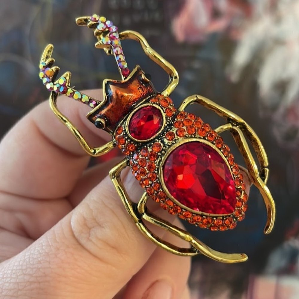 RED Beetle Brooch Pin, AB Crystals Rhinestones Insect Bug Beetles Broach Pins - Picture 1 of 3